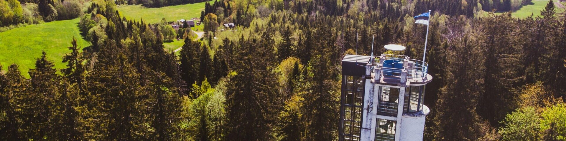 Suvine drooniga pildistatud kõrge vaade Munamäe vaatetornile ja seda ümbritsevale maastikule.