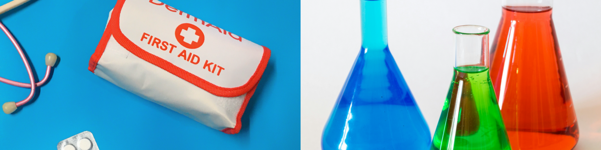 Kollaaž. Vasakul esmaabikomplekt sinisel taustal, paremal kolm värvilise vedelikuga täidetud koonilist kolbi.